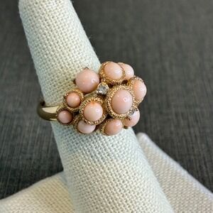 Vintage Avon Ring Faux Angel Skin Coral Rhinestone Cluster Adjustable Gold Tone